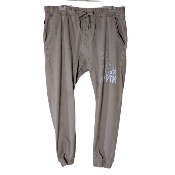 Ring of Fire Pants - Ring Of Fire Tan Twill Moto Joggers Unisex Size XL Pull-on Trippin Graphic
